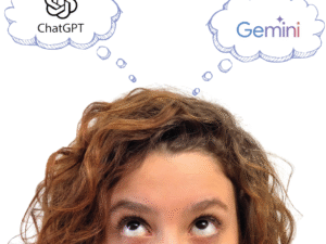 Woman looking up at thought bubbles with ChatGPT and Gemini logos, representing AI decision-making