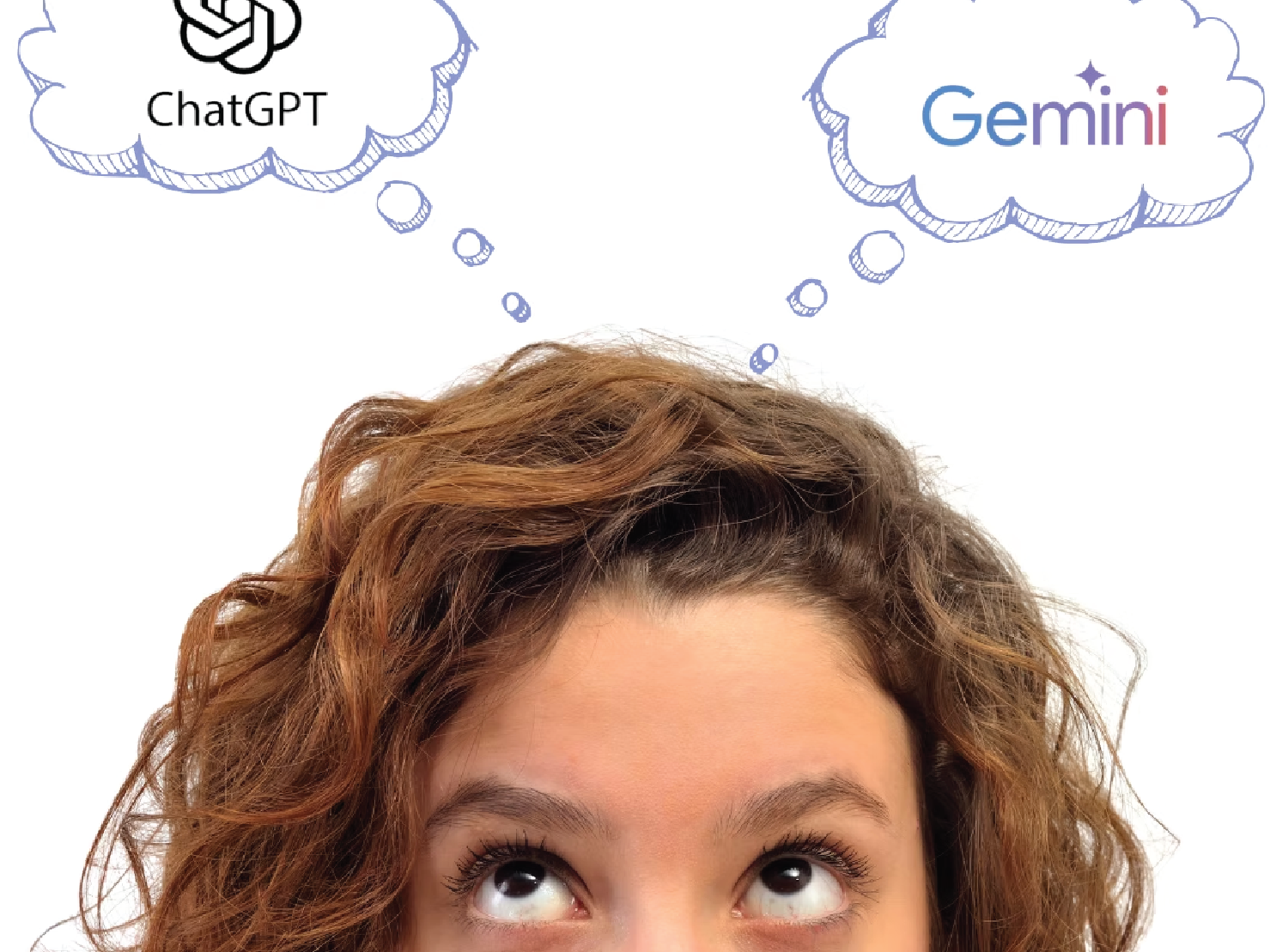 Woman looking up at thought bubbles with ChatGPT and Gemini logos, representing AI decision-making