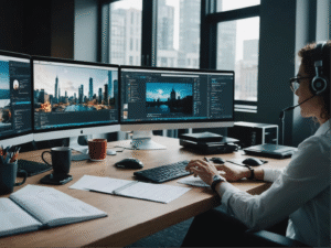 Remote virtual assistant wearing a headset and working at a multi-monitor setup in a modern office