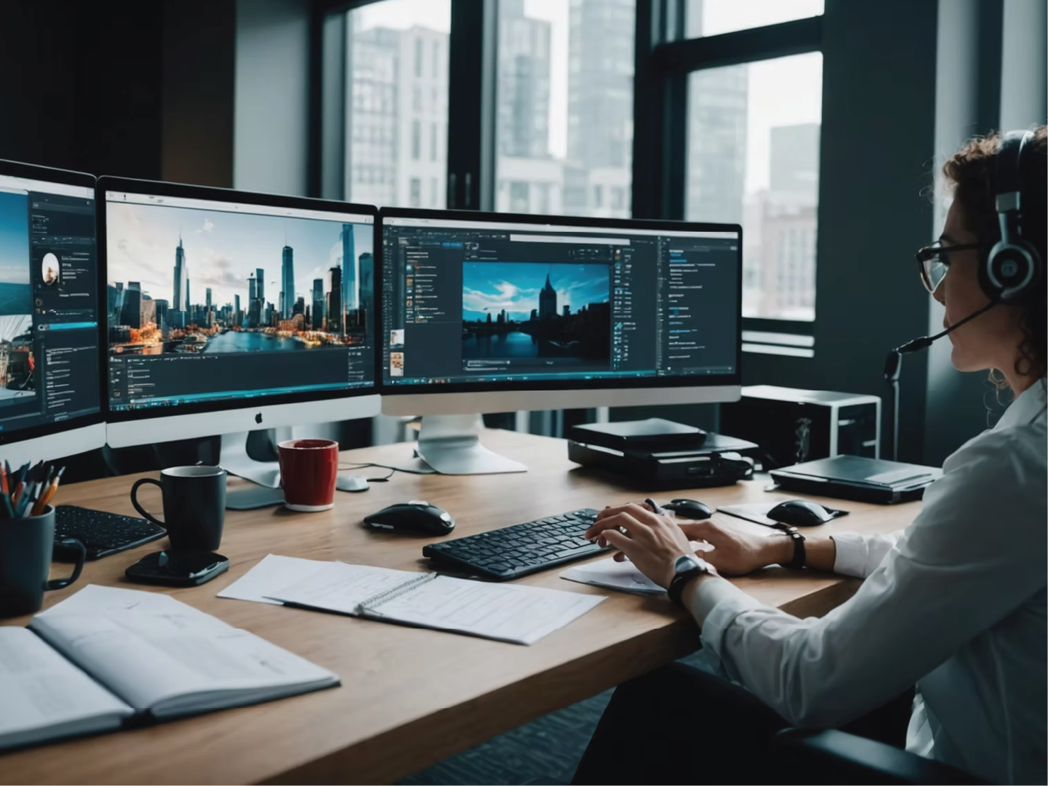 Remote virtual assistant wearing a headset and working at a multi-monitor setup in a modern office