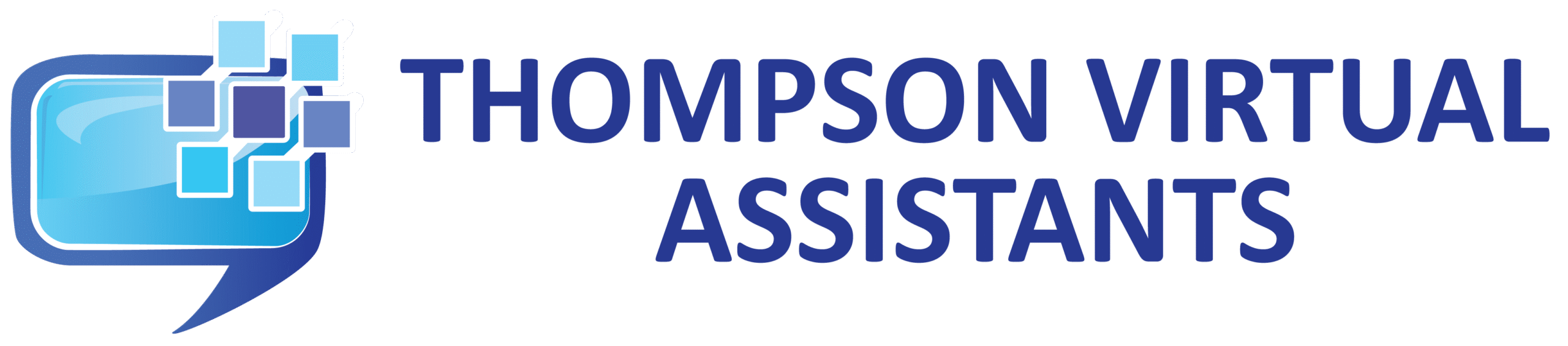 Thompson Virtual Assistants logo featuring a modern blue and purple wordmark alongside a stylized digital icon representing connection, support, and technology