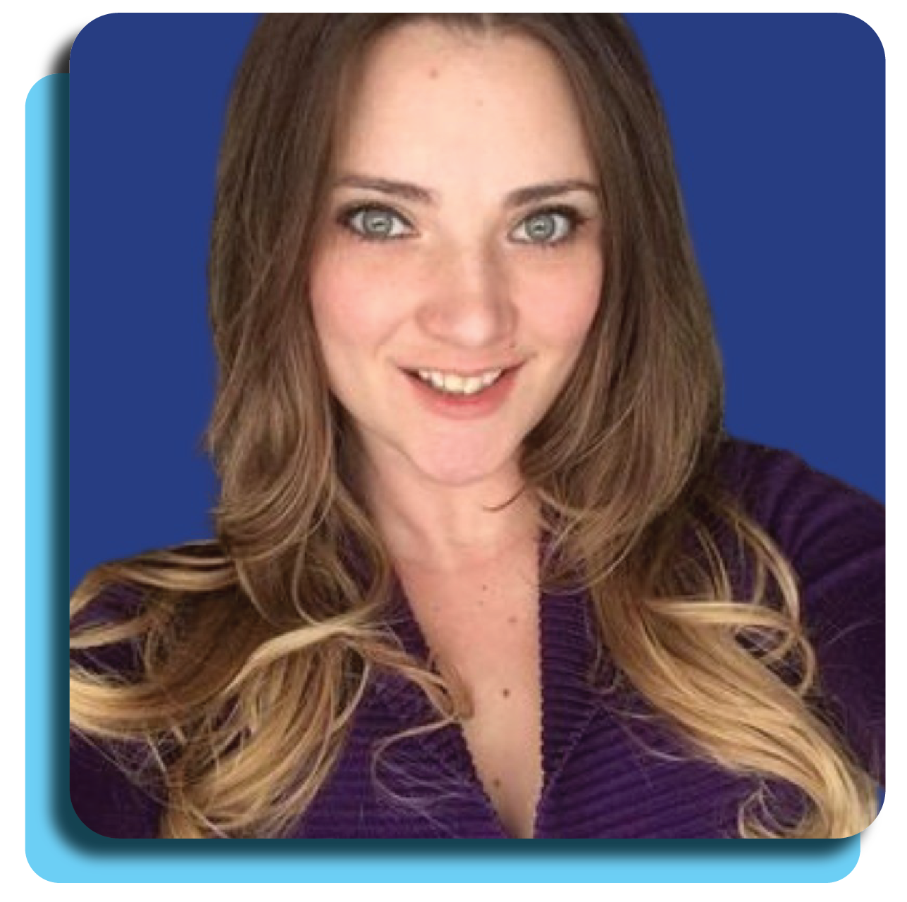 Portrait of Erin Thompson, owner of Thompson Virtual Assistants, smiling with long blonde hair and wearing a purple blouse in front of a solid blue background