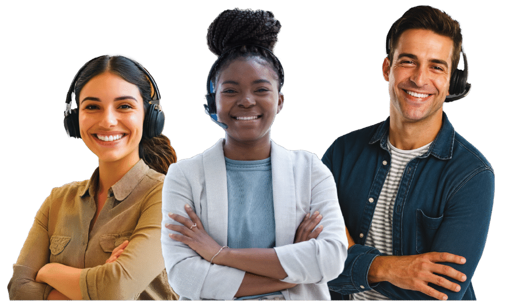 Three smiling virtual assistants wearing headsets above the TVA logo and the phrase “Scale Your Business Today”