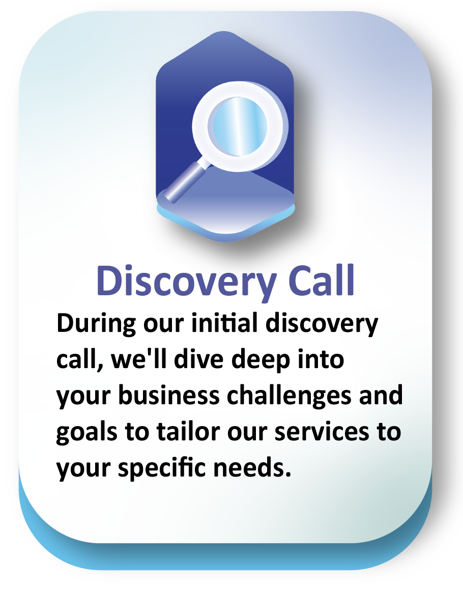 Magnifying glass icon with the text “Discovery Call,” representing Thompson Virtual Assistants’ initial consultation process.