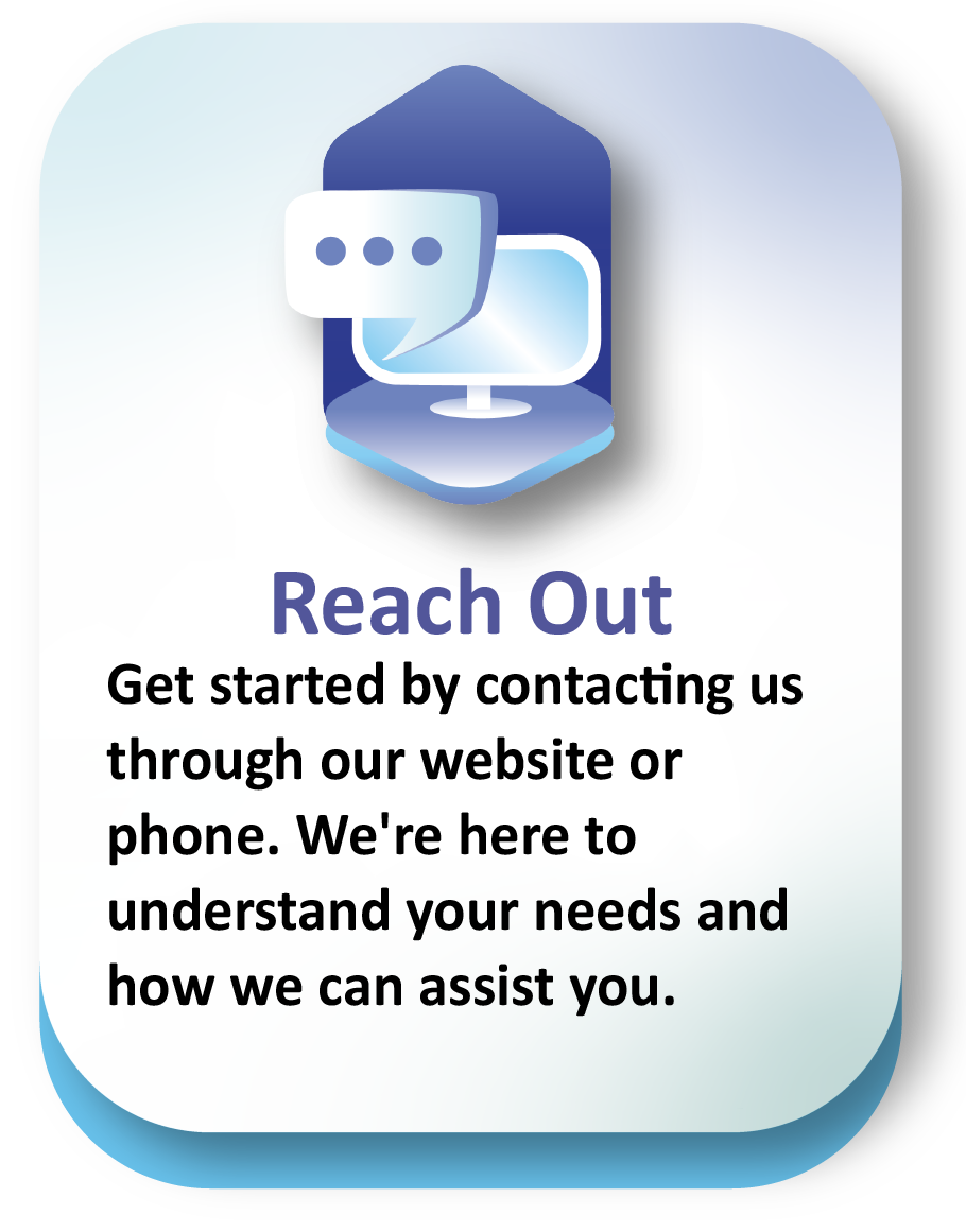 Computer icon with chat bubble and the text “Reach Out,” representing Thompson Virtual Assistants’ contact and support services.